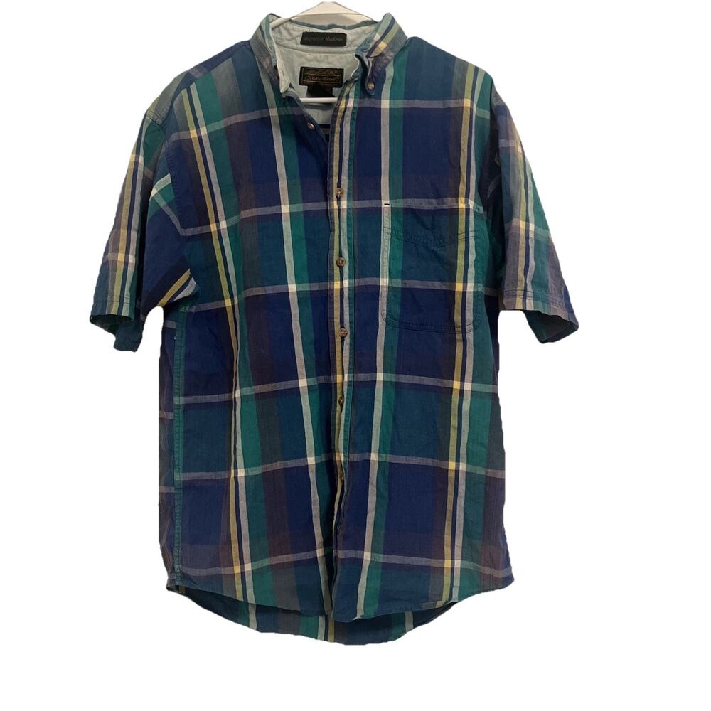 Eddie Bauer Superior Madras Short Sleeve Plaid Shirt M 100% Cotton Preppie Summe